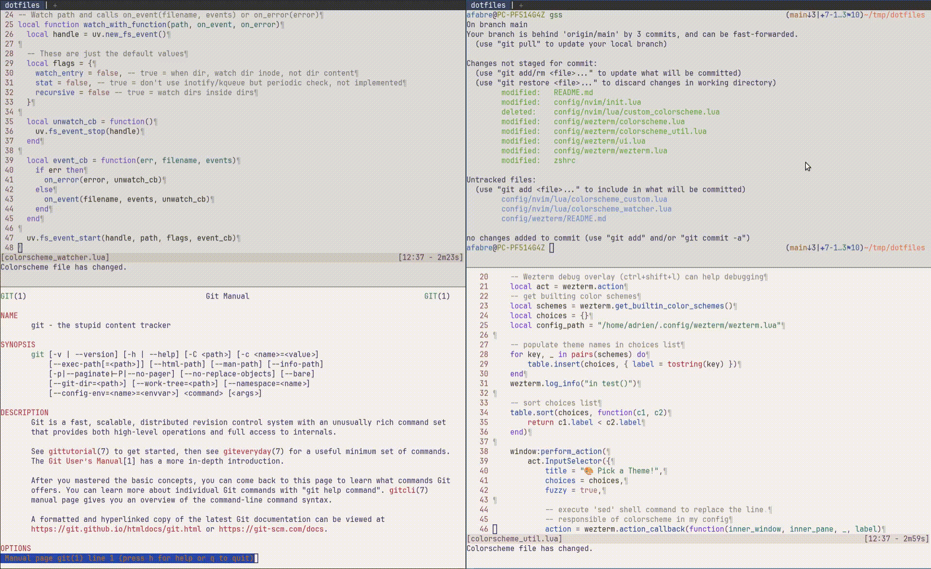 Screen recording showing multiple Neovim windows with different files open, and when the colorscheme file changes, all windows immediately switch from dayfox (light) to nightfox (dark) colorscheme